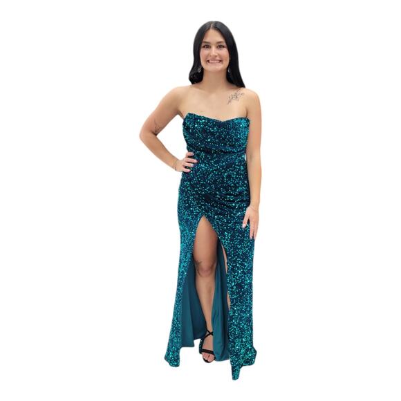 NWT Teal Strapless Sequin Evening Gown with Corset Back on Velvet Fabric - Picture 1 of 15